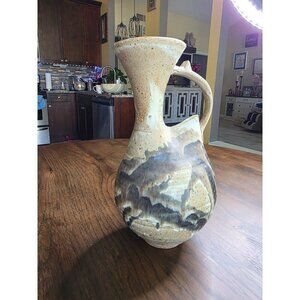 Handmade Speckled Ceramic Pitcher Vase W/ Artistic Handle Design 10" Tall